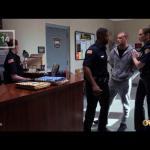 Officers (Roshawn Franklin and Jennifer Christa Palmer) escort Officer Justin (Nicholas J. Muscarella) in THE HAVES AND THE HAVE NOTS ep606 "On The Edge".